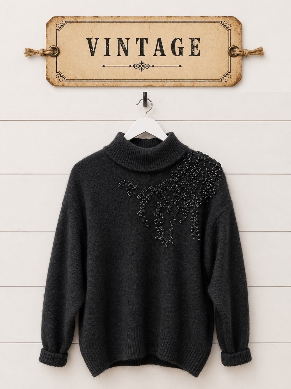 I.B. DIFFUSION – Black Beaded Turtleneck Sweater (Size M)